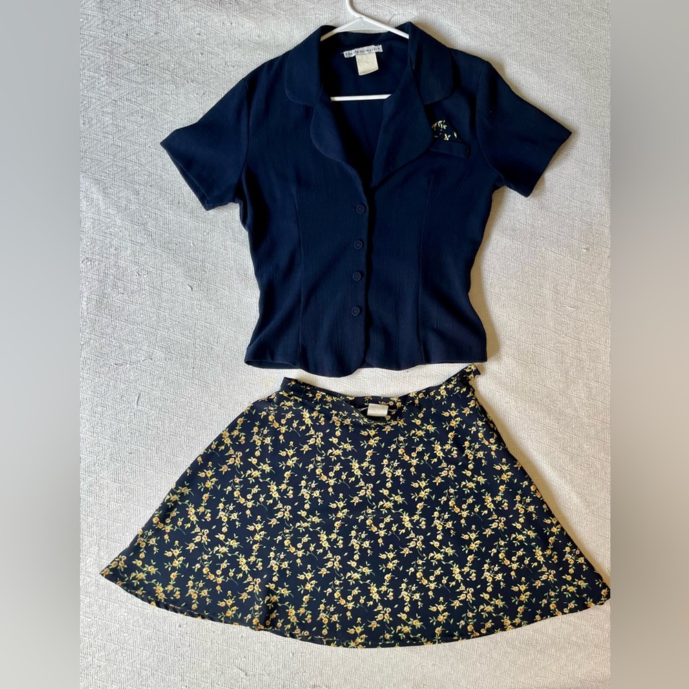Navy Blue Floral Jonathan Martin Blouse and Skirt Set